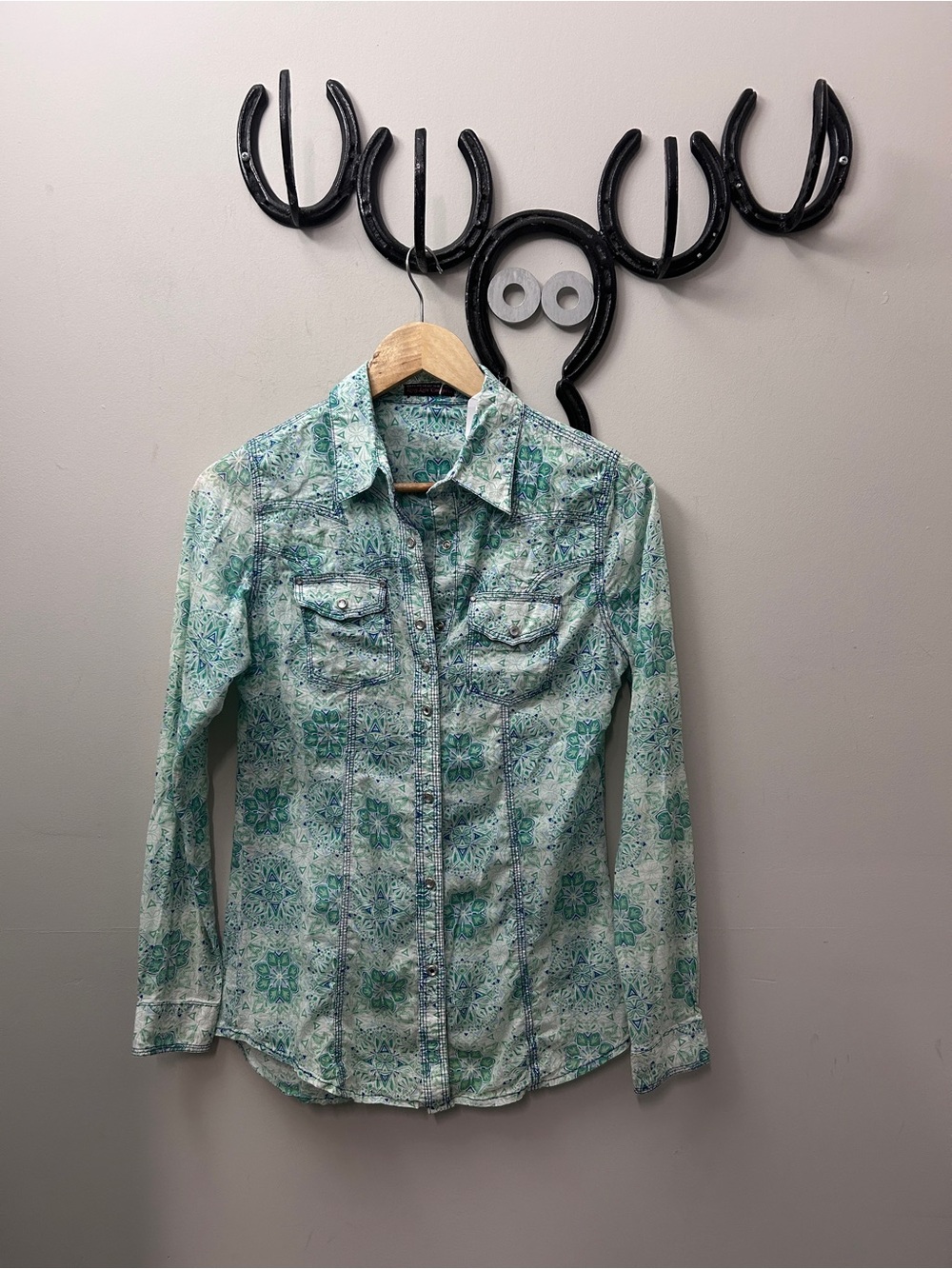 Button-Down Long Sleeve Shirt in Teal Tile Print